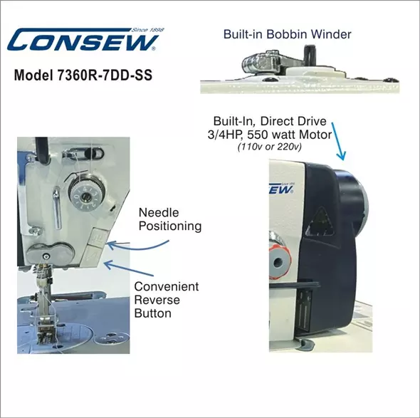Consew 7360R-7DD-SS High Speed Single Needle Drop Feed With Stainless Steel Bed Lockstitch Industrial Sewing Machine With Table And Servo Motor | GoldStar Tool 1 Consew 7360R-7DD-SS High Speed Single Needle Drop Feed With Stainless Steel Bed Lockstitch Industrial Sewing Machine With Table And Servo Motor | GoldStar Tool